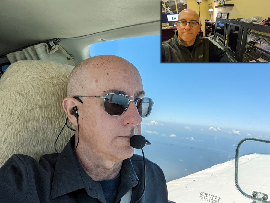 Dave in his Beechcraft Bonanza A36. Inset: Working on a FlightPanel™ Dash.
