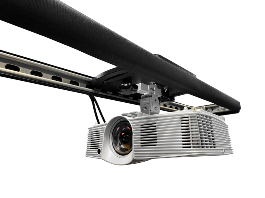 Sliding and directly attached golf simulator enclosure projector mounts.
