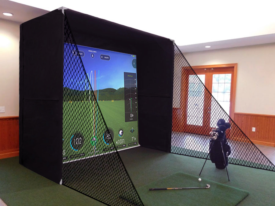 Extend netting in front of your golf hitting screen by adding these 10ft long triangle nets.  Triangle netting is  attached to the front sides of the golf enclosure and held in place with sand bags.  Netting can quickly come down to restore floor space when not in use.